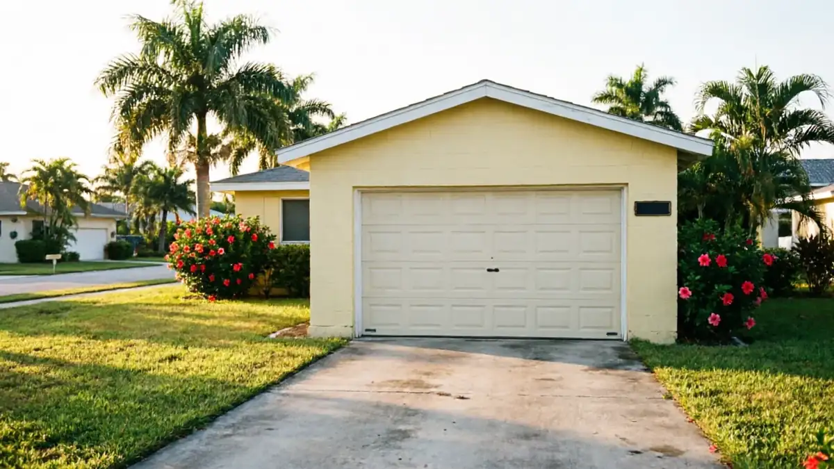 A light yellow house has a closed beige garage door and a concrete driveway.