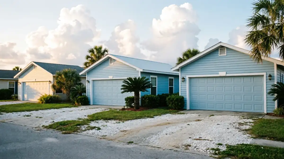 Three houses with garage doors and palm trees are visible under a cloudy sky.