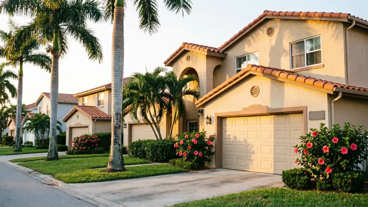 A row of houses with beige garage doors and red tile roofs line a street.