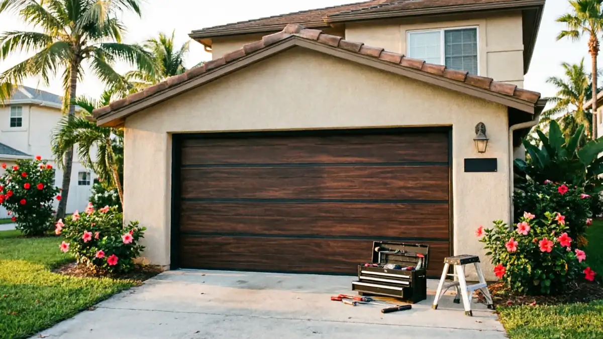 A brown garage door is on a tan house with a toolbox and a step stool in the driveway.