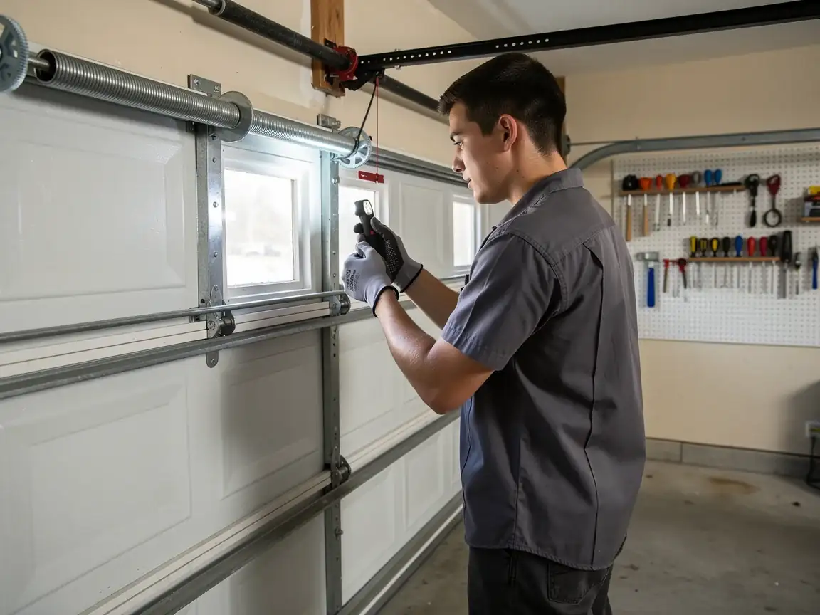 A technician in a gray shirt inspects a white garage door with a flashlight.