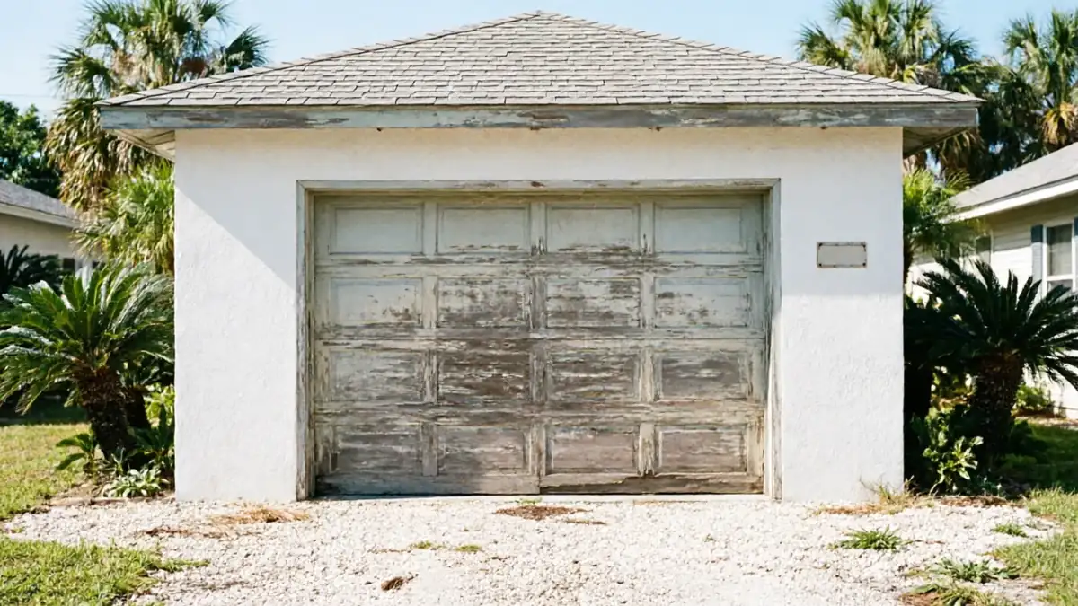 The garage door is old and peeling, set in a white stucco building.