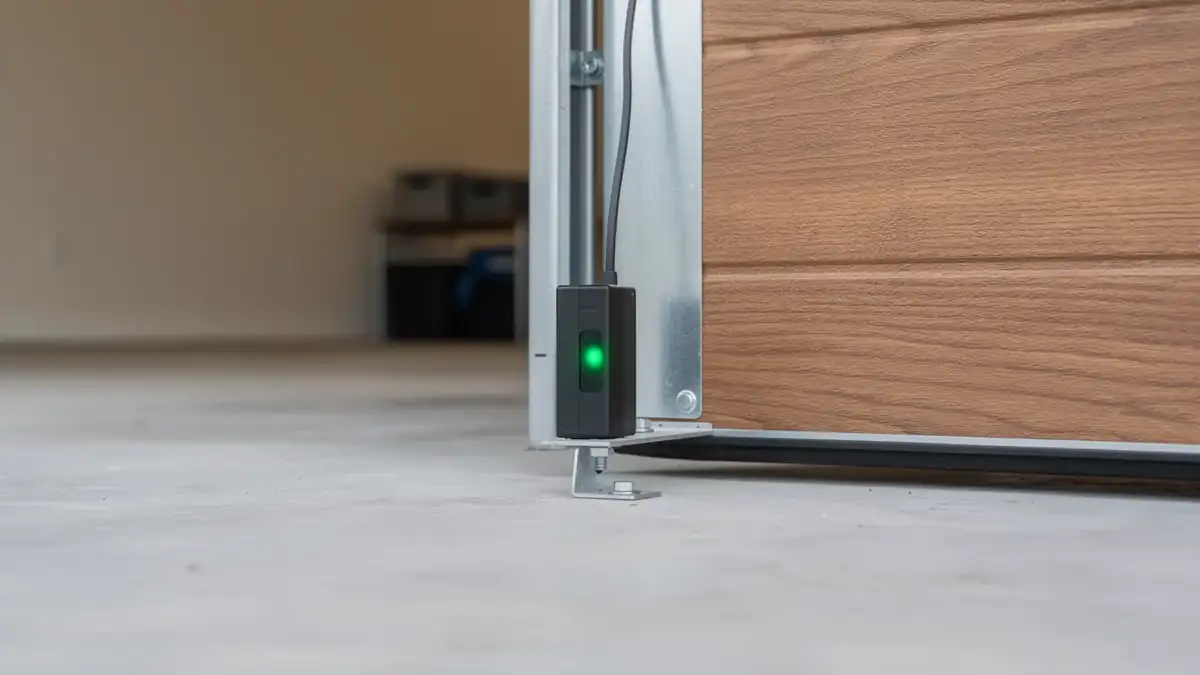 A garage door safety sensor with a green light is mounted on a metal bracket.