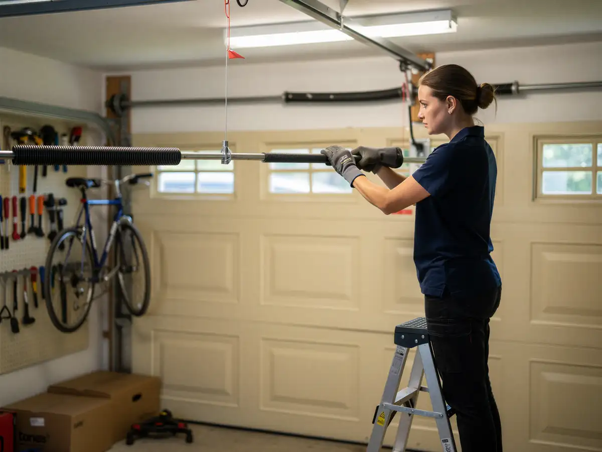 A technician on a ladder adjusts a garage door torsion spring.
