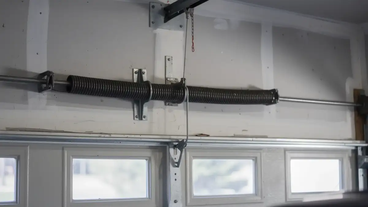 A garage door torsion spring is mounted above a white garage door with windows.