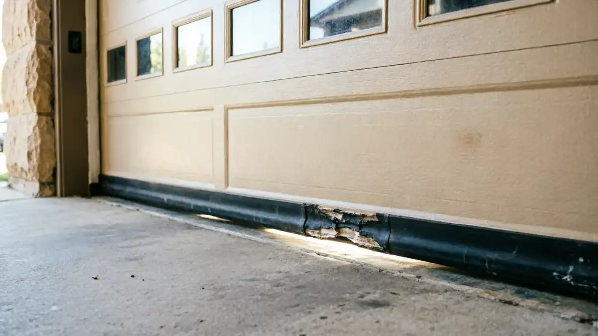 The garage door bottom seal is torn, showing light underneath the door.